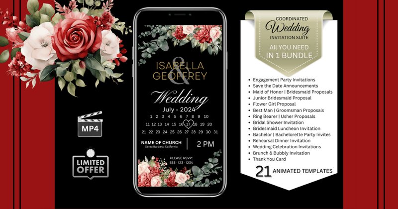 Wedding Invitations - Red Roses (Black Background) Bundle (by Studio21)
