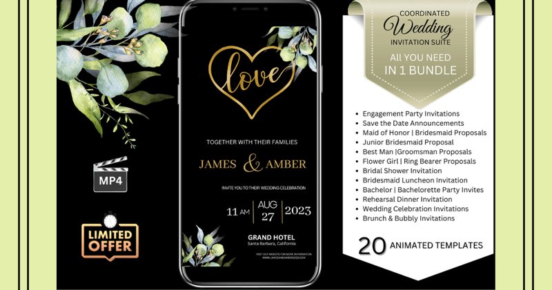 Wedding Invitations - Watercolor Eucalyptus (Black Background) Bundle (by Studio21)