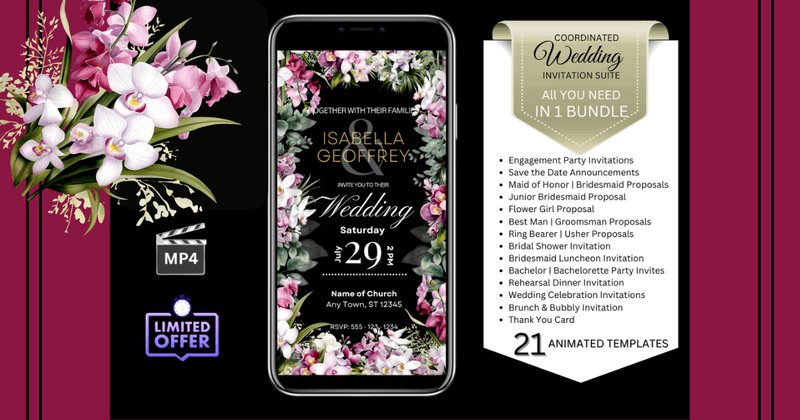 Wedding Invitations - Watercolor Orchids (Black Background) Bundle (by Studio21)