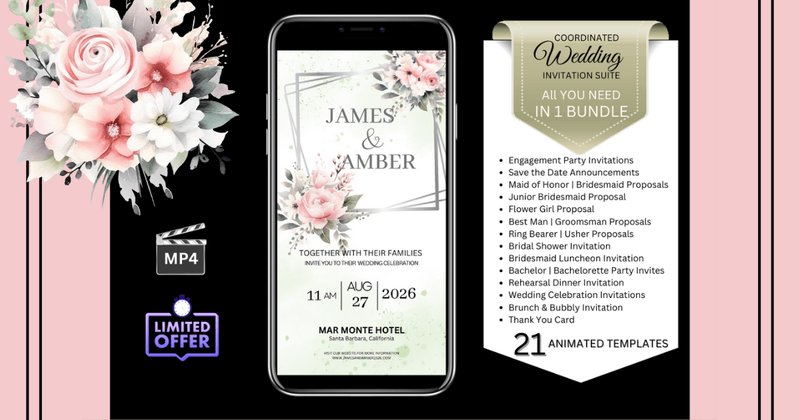 Wedding Invitations - Watercolor Pink Roses Bundle (by Studio21)