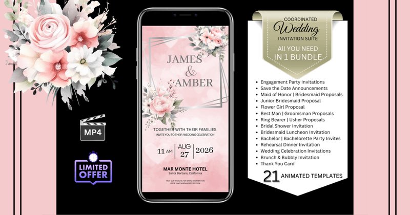 Wedding Invitations - Watercolor Pink Roses (Pink Background) Bundle (by Studio21)