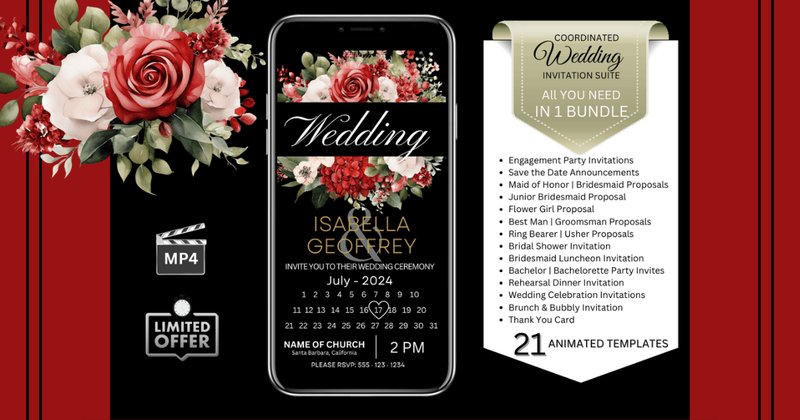 Wedding Invitations - Watercolor Red Roses (Black Background) Bundle (by Studio21)