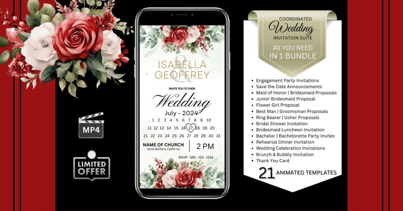 Wedding Invitations - Watercolor Red Roses Bundle (by Studio21)