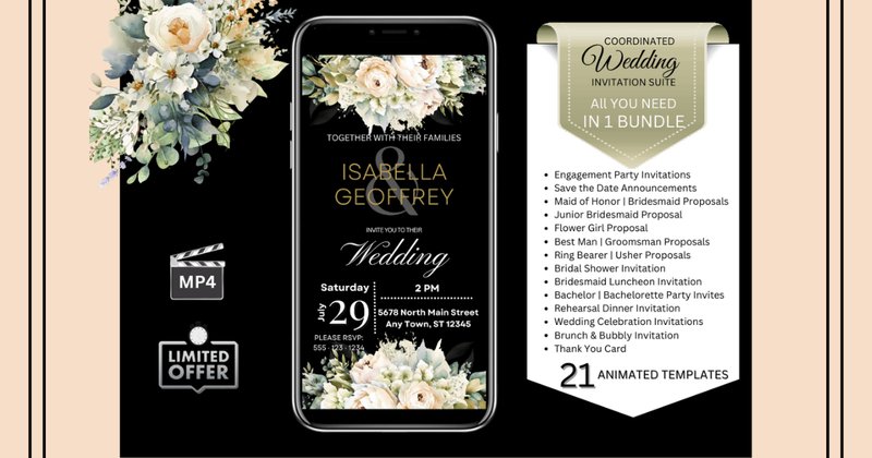 Wedding Invitations - Watercolor Soft White Roses (Black Background) Bundle (by Studio21)