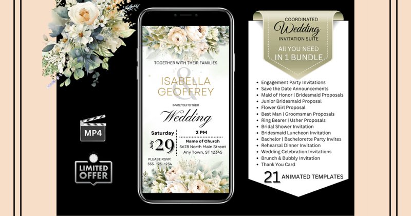 Wedding Invitations - Watercolor Soft White Roses Bundle (by Studio21)
