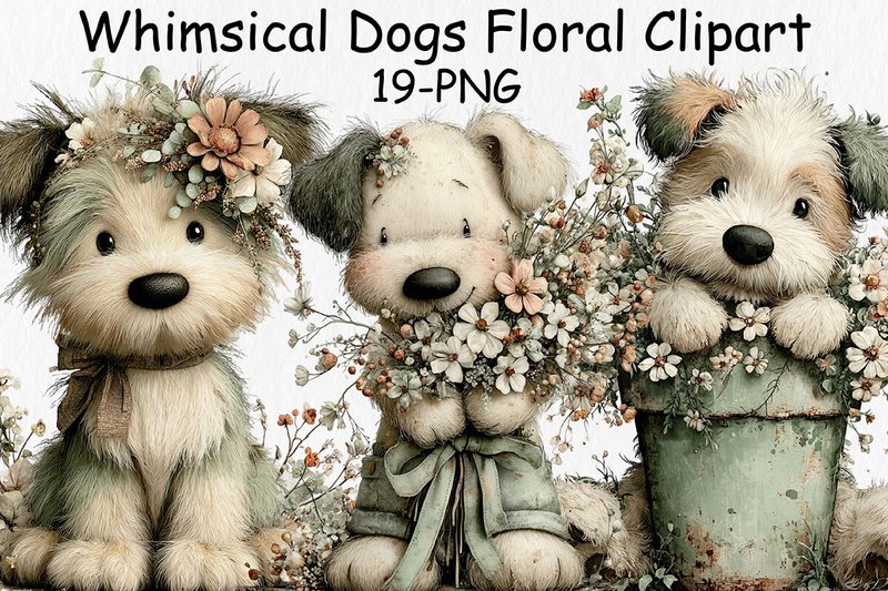 Whimsical Dogs Floral Clipart (by LibbyWishes)