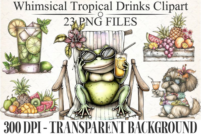 Whimsical Tropical Drinks Clipart PNG (by Dream Petals Studio)