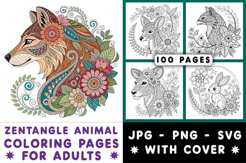 Zentangle Animal Coloring Pages Adults (by Design Bloom)