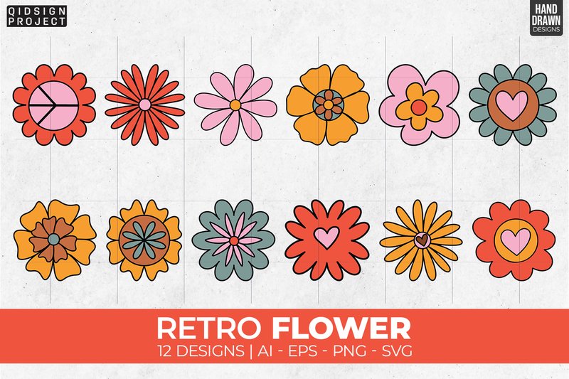 12 Retro Flower, Retro Flowers Svg (by qidsign project)