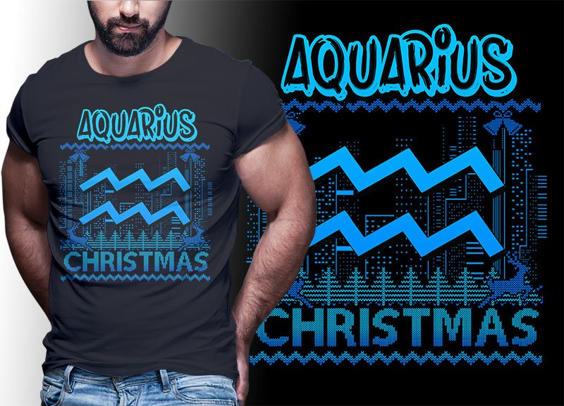 Aquarius Zodiac Christmas Tshirt Designs (by tshirtdesignbundles com)