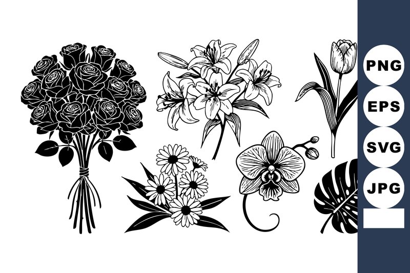 Black Line Art Floral Tattoo Set (by DesignVectx)