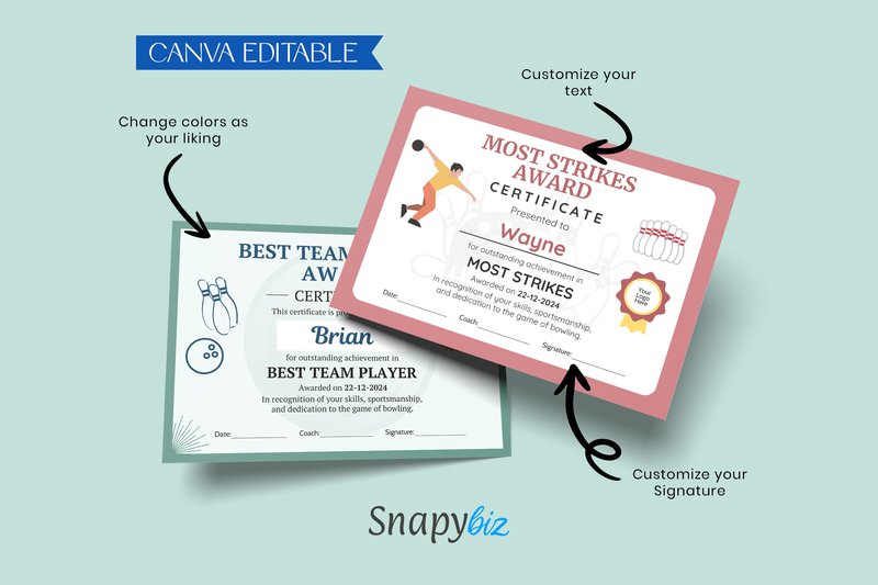 Bowling Award Certificate Templates (by SnapyBiz)