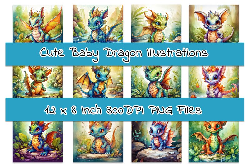 Cute Fairytale Baby Dragon Illustrations (by Digital Magpie Design Studio)