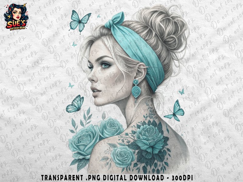Elegant Floral Tattoo Girl | Teal Rose (by Sue Opperman Designs)