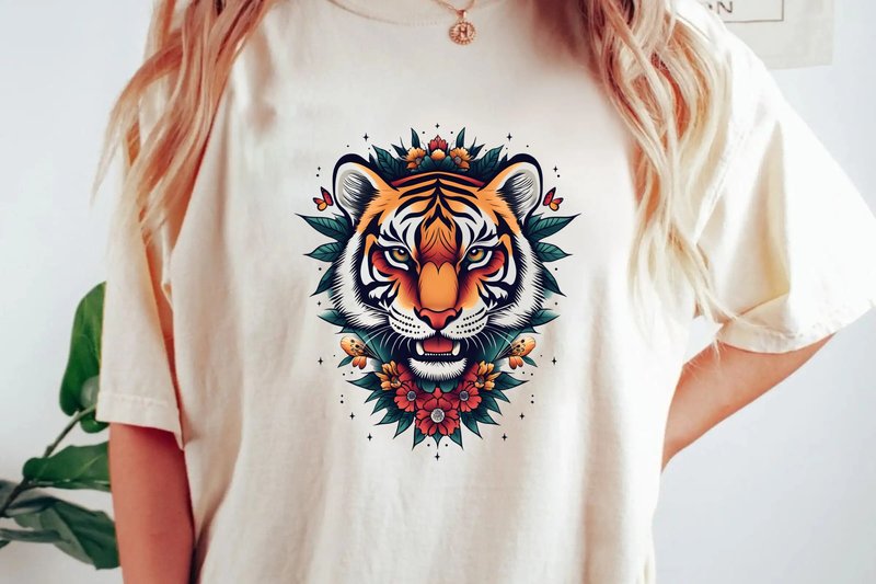 Neo Traditional Tiger Head Floral Tattoo Art Design for Sublimation Png (by gregoraciiart)
