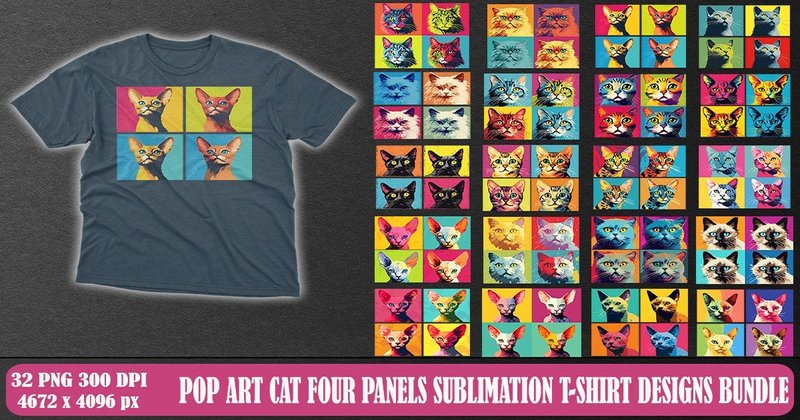Pop Art Cat Four Panels Sublimation T-Shirt Bundle (by Mulew)