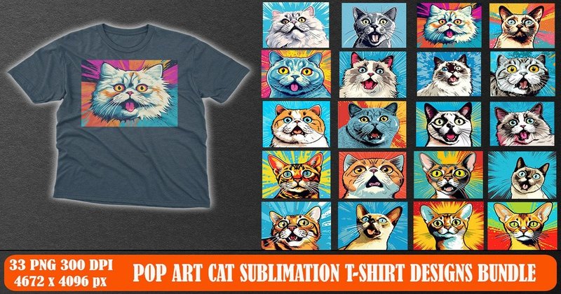 Pop Art Cat Sublimation T-shirt Design Bundle (by Mulew)