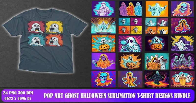 Pop Art Ghost Halloween T-Shirt Design Bundle (by Mulew)