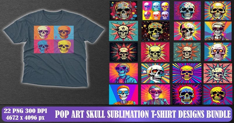 Pop Art Skull T-Shirt Design Bundle (by Mulew)