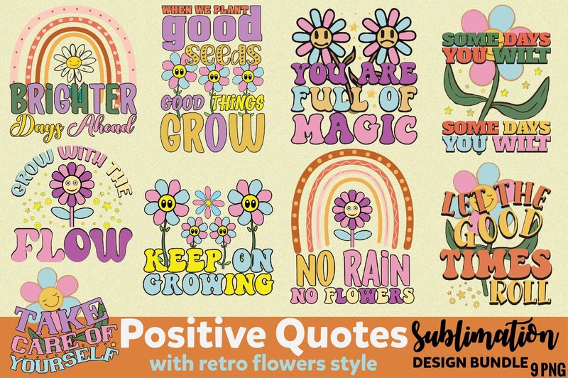 Positive Quotes Retro Flower PNG Bundle (by SinaCreation)