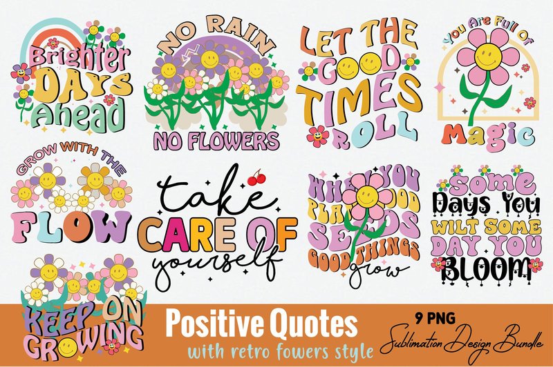 Positive Quotes Retro Flower PNG Bundle (by designmaster)