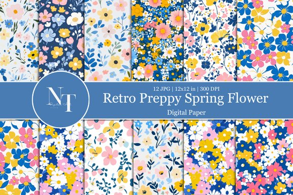 Retro Preppy Spring Floral Digital Paper (by Nam Tiwa)