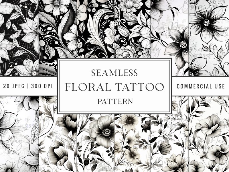 Seamless Floral Tattoo Pattern (by busydaydesign)