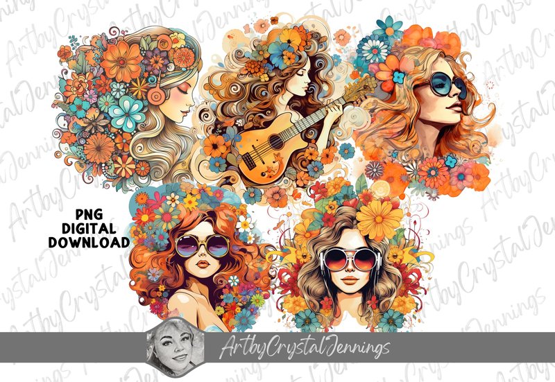 Vintage Girl Retro Flower Hippie Women (by ArtbyCrystalJennings)