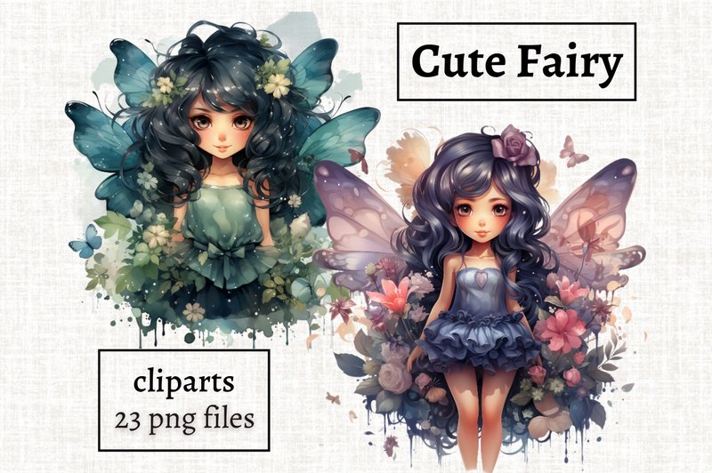 Watercolor Cute Fairy Illustrations PNG (by MashMashStickers)