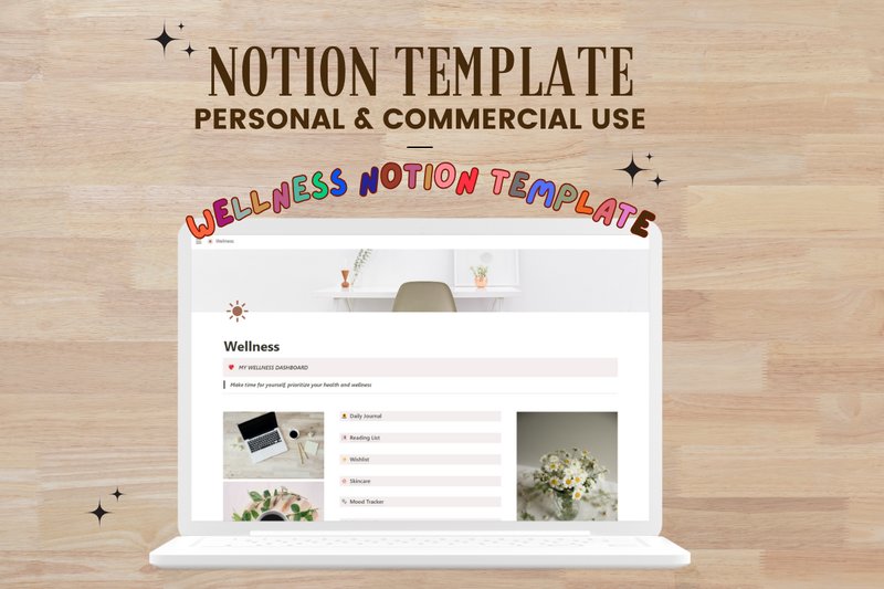 Wellness Notion Dashboard, PLR Templates (by bellaROSEworkshop)
