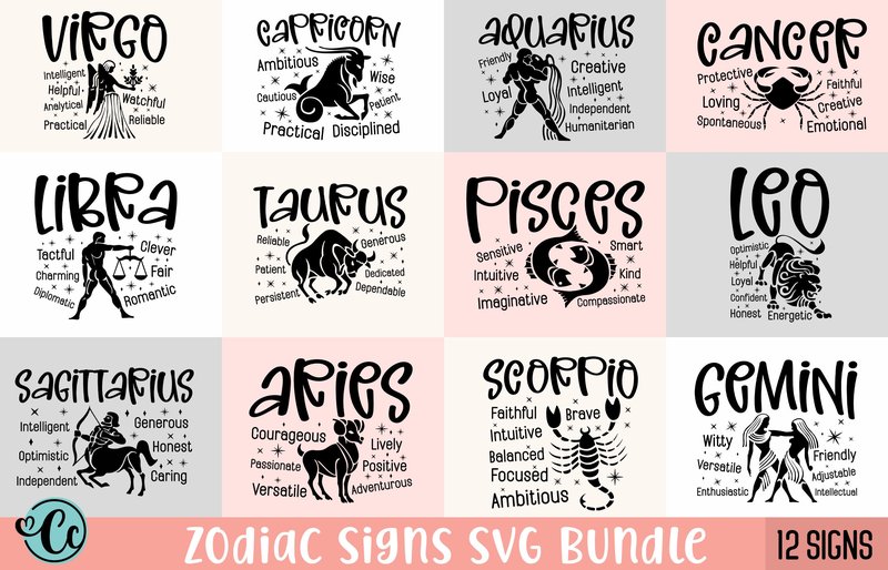 Zodiac Signs SVG Bundle, Astrology Svg (by Crazy Craft)